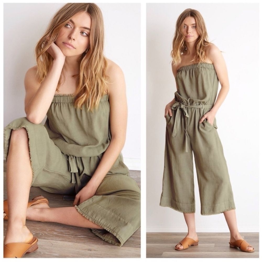 Bella Dahl Olive Green Strapless Wide-Leg Jumpsuit